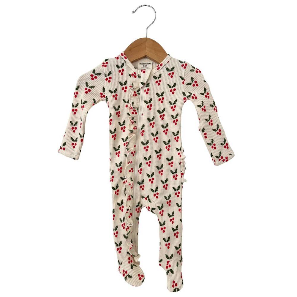 NEW SPEARMINTLOVE kids organic waffle ruffle zip footie in white multi